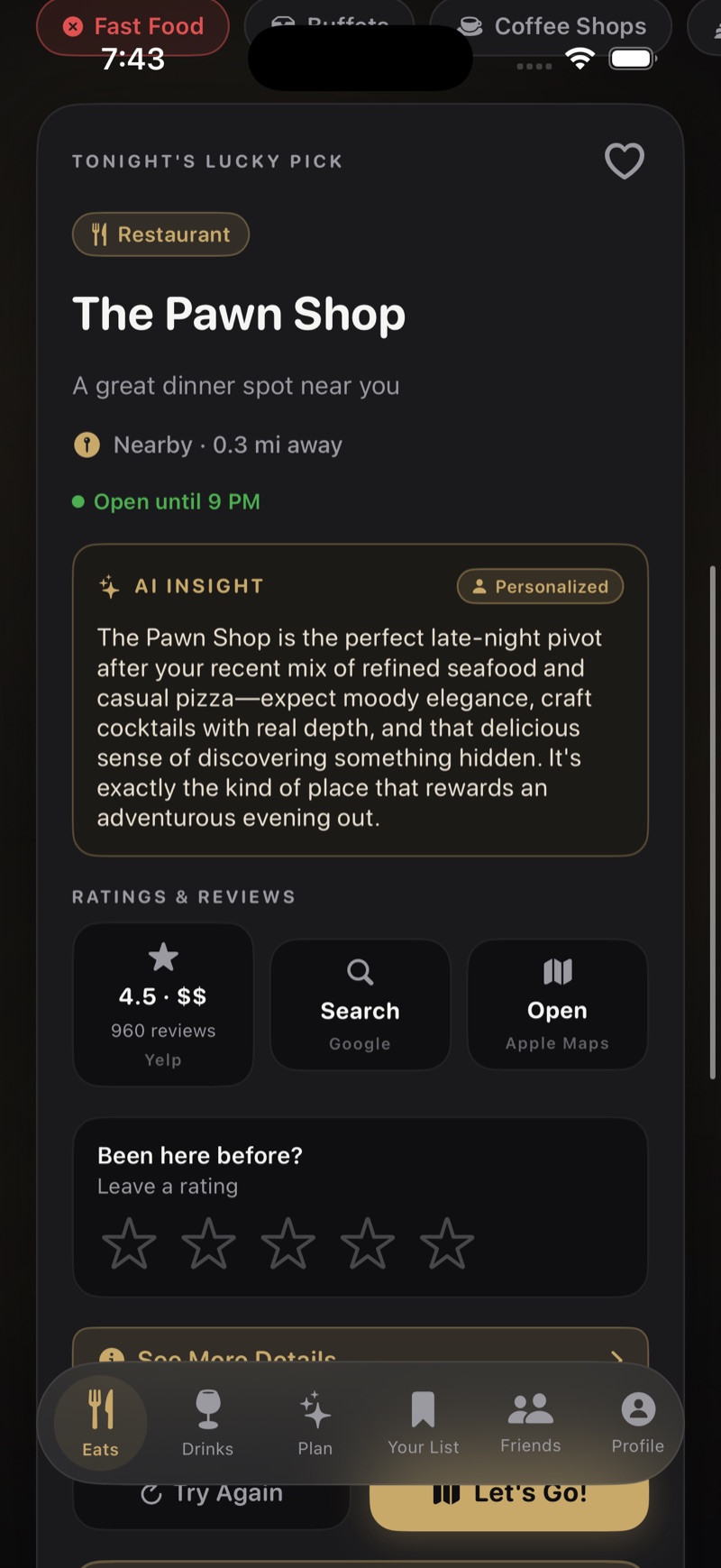 A LuckyFork restaurant pick